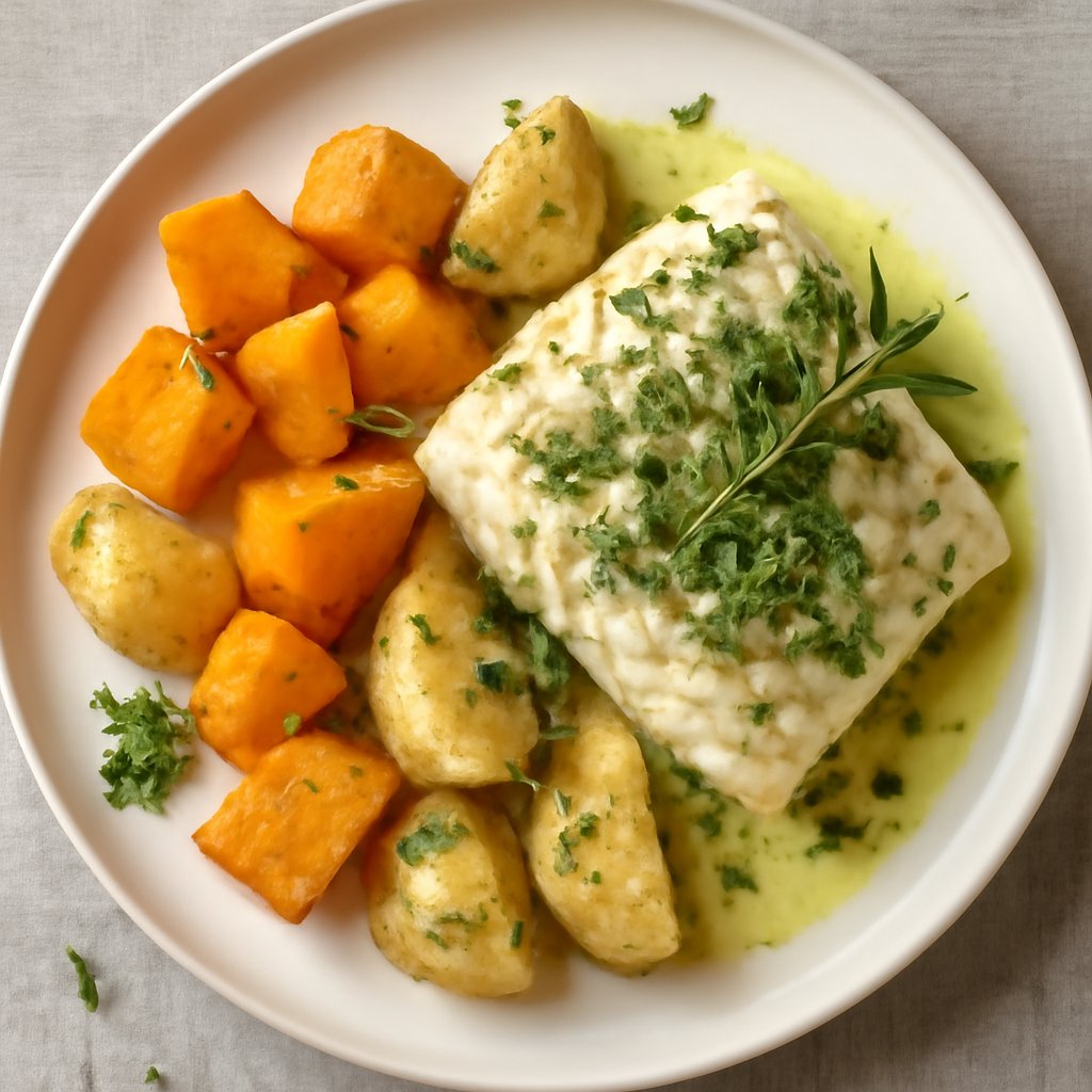 Merluzzo agli aromi, con zucca e patate
