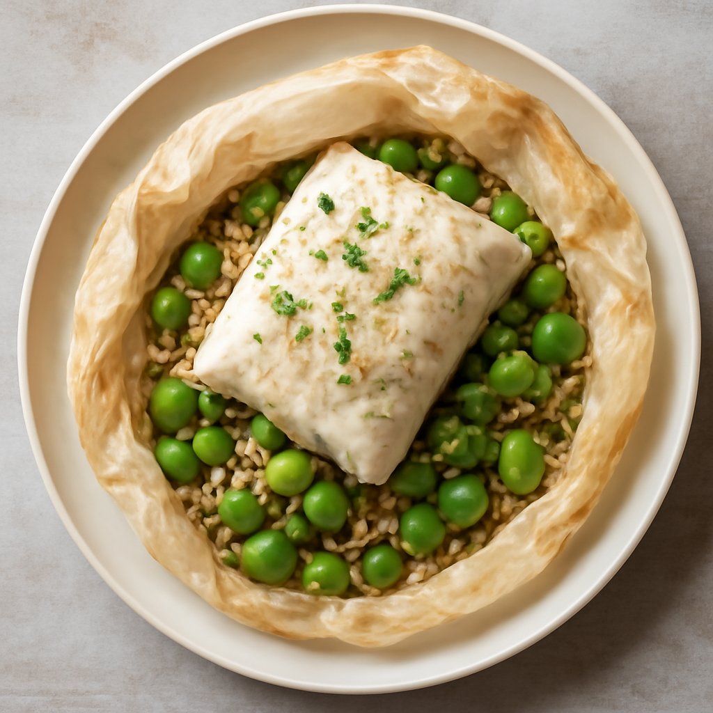 Merluzzo al cartoccio con fave e grano saraceno