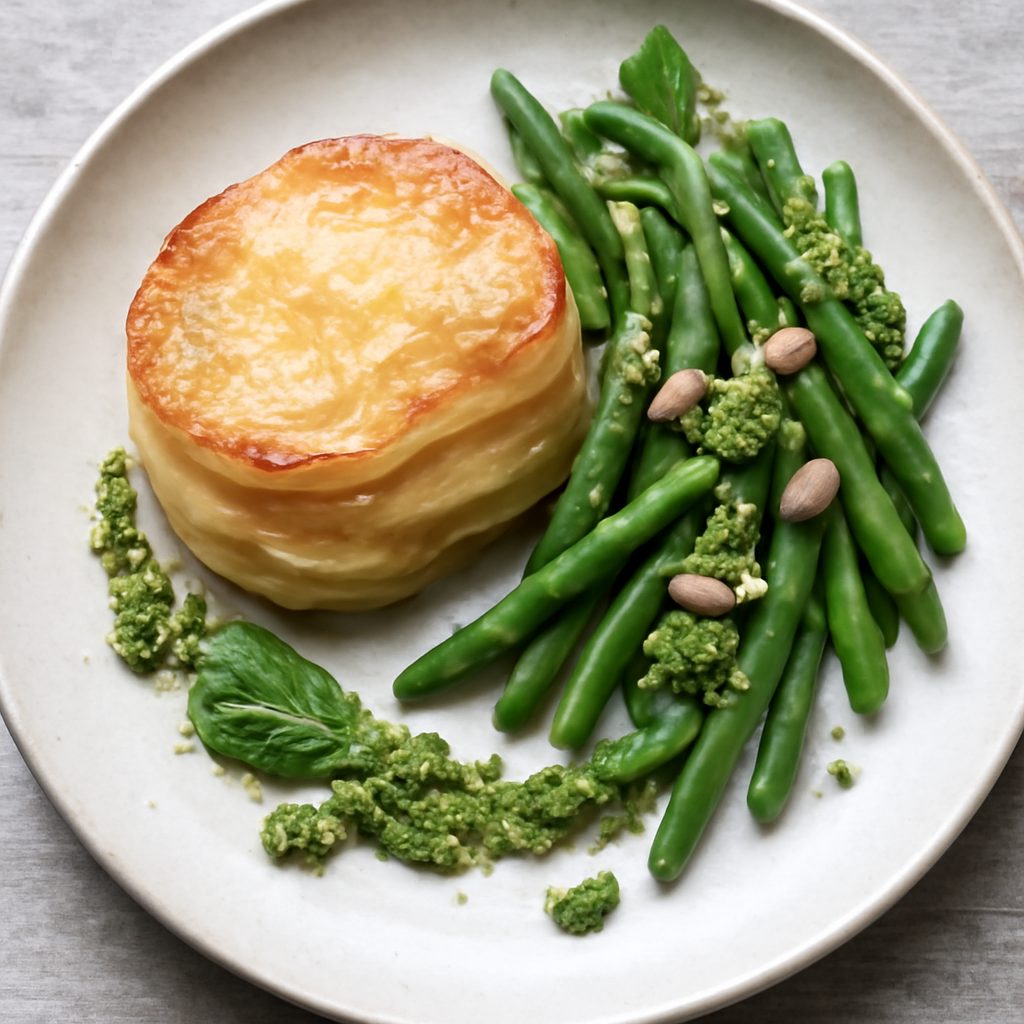 Millefoglie di patate, fagiolini con pesto di basilico e mandorle