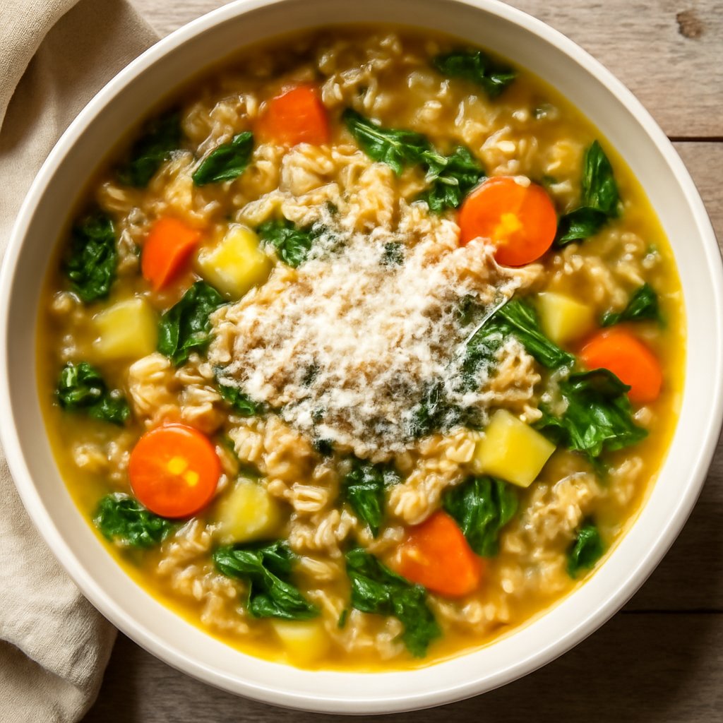 Minestra di riso integrale con verdure e Parmigiano
