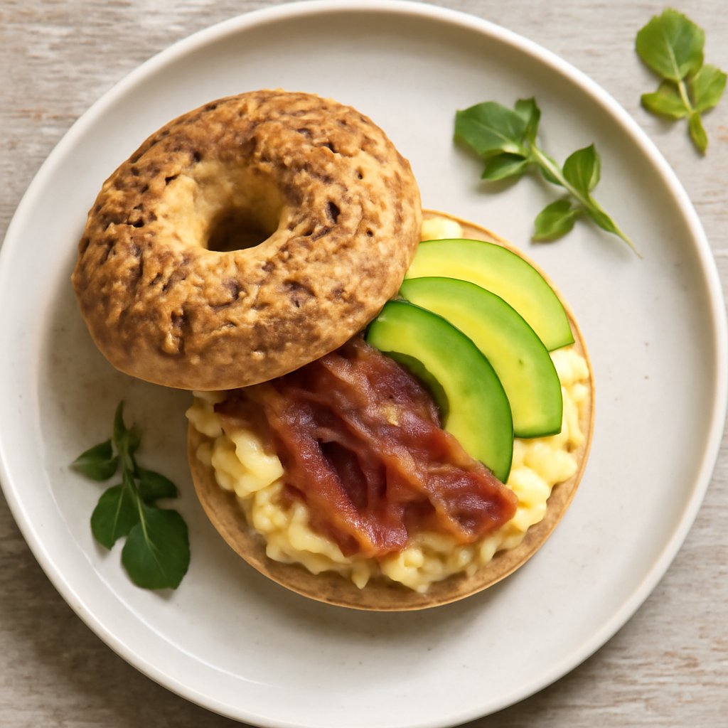 Minibagel ai cereali con crema di uova, bacon e avocado