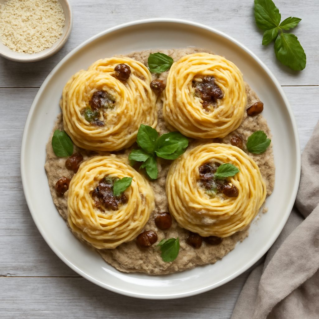 Nidi di spaghetti con crema di melanzane
