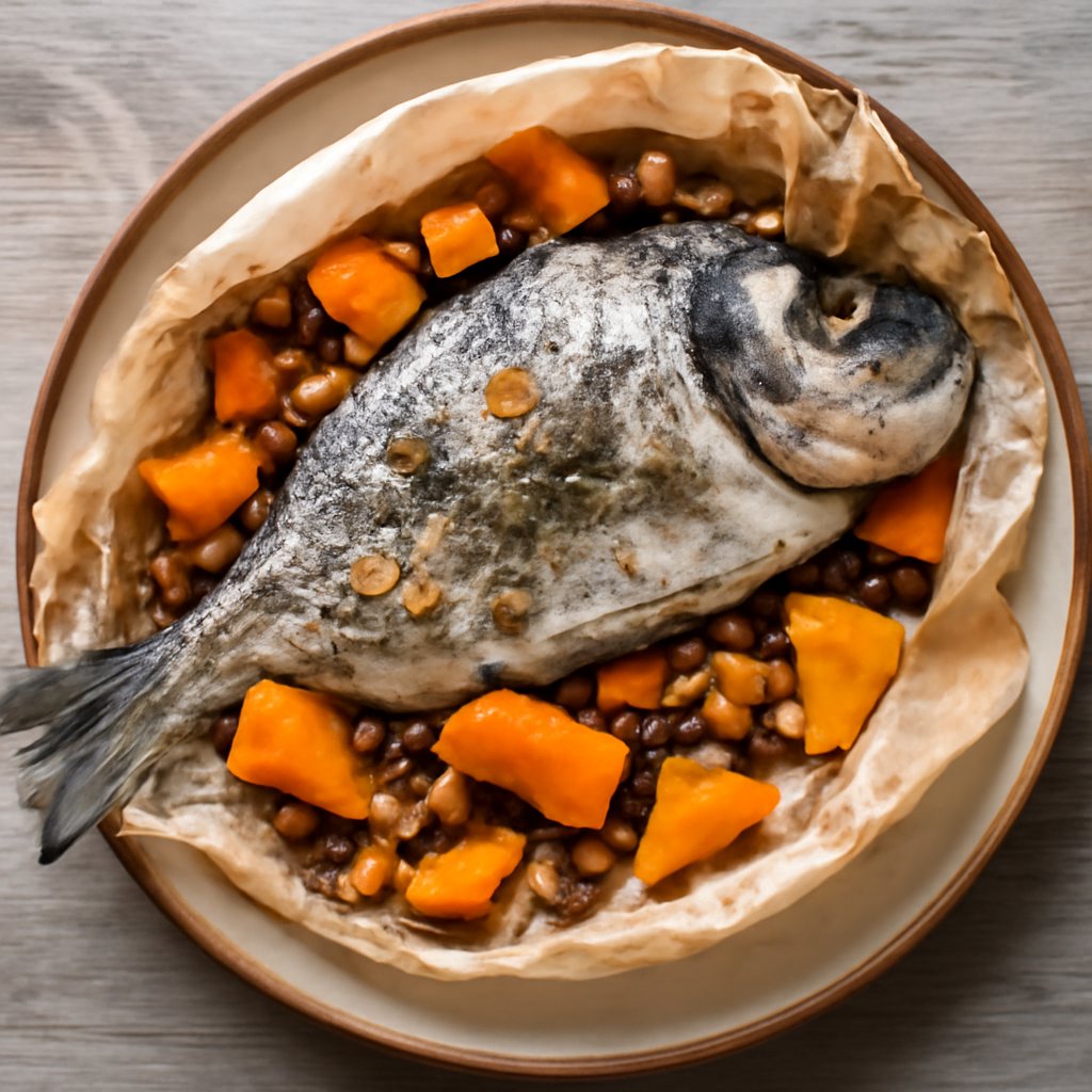 Orata al cartoccio con zucca e frutta secca