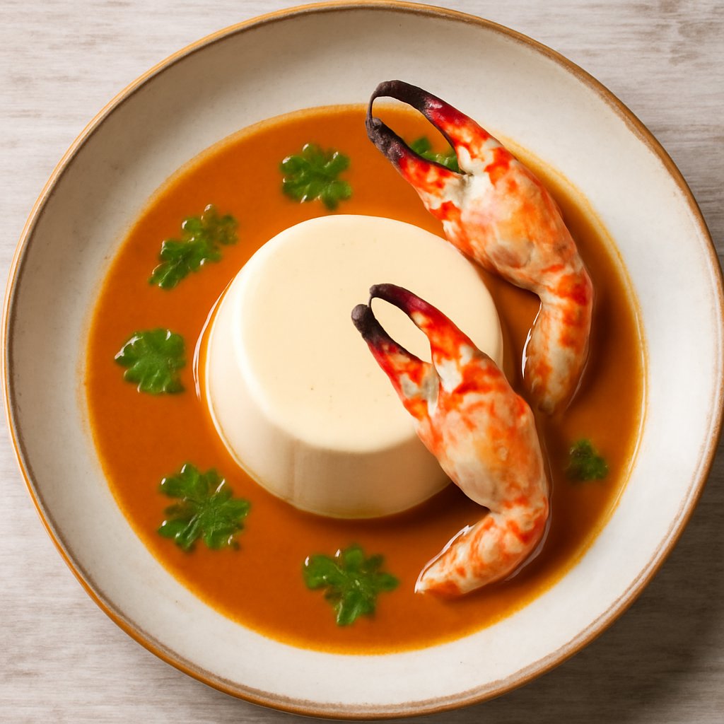 Pannacotta con bisque di astice e chele di granchio