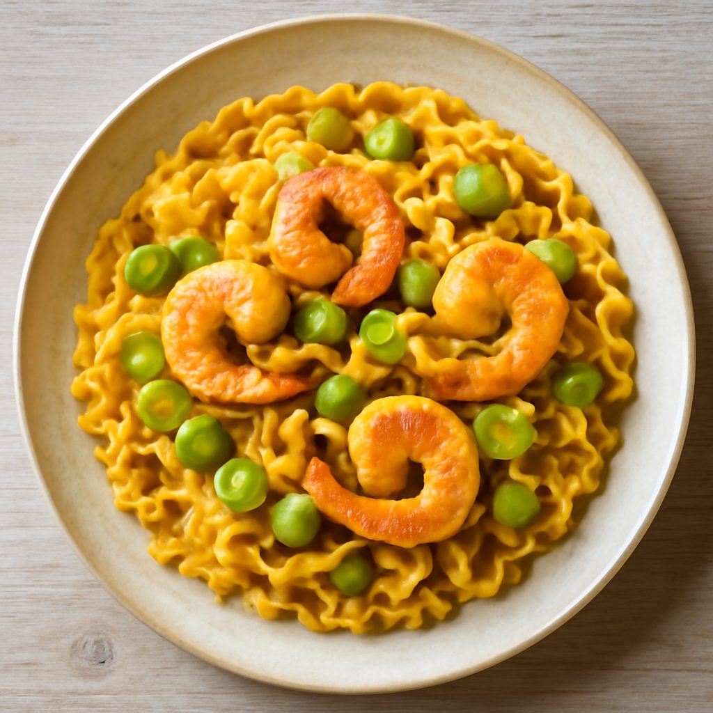 Pasta con fave e mazzancolle al curry