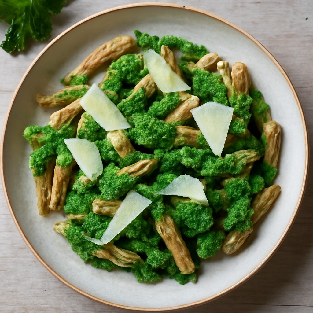 Pasta integrale con pesto di cicoria e scaglie di pecorino