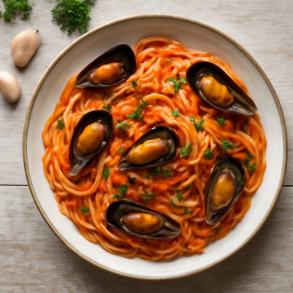 Pasta risottata al pomodoro, aglio e cozze