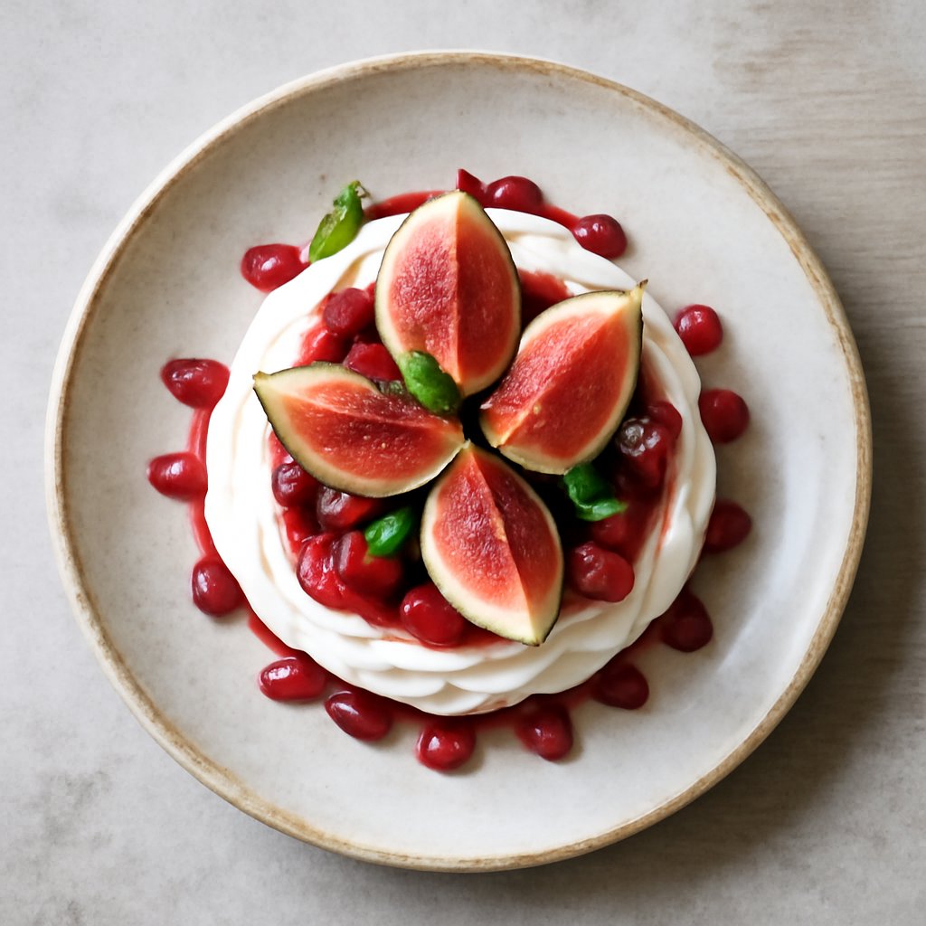 Pavlova con coulis di lamponi, fichi e melagrana
