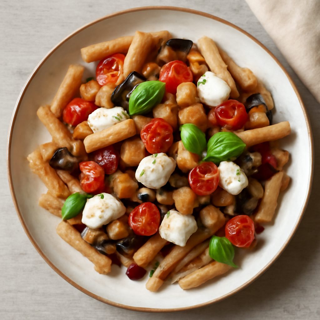 Penne integrali con melanzane, pomodori e mozzarella