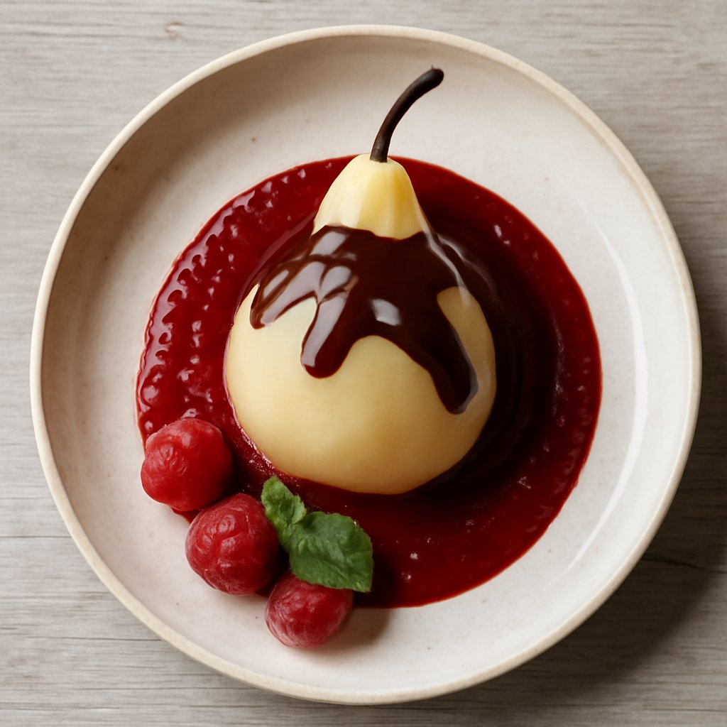 Pere al vapore con salsa di lamponi e cioccolato fondente