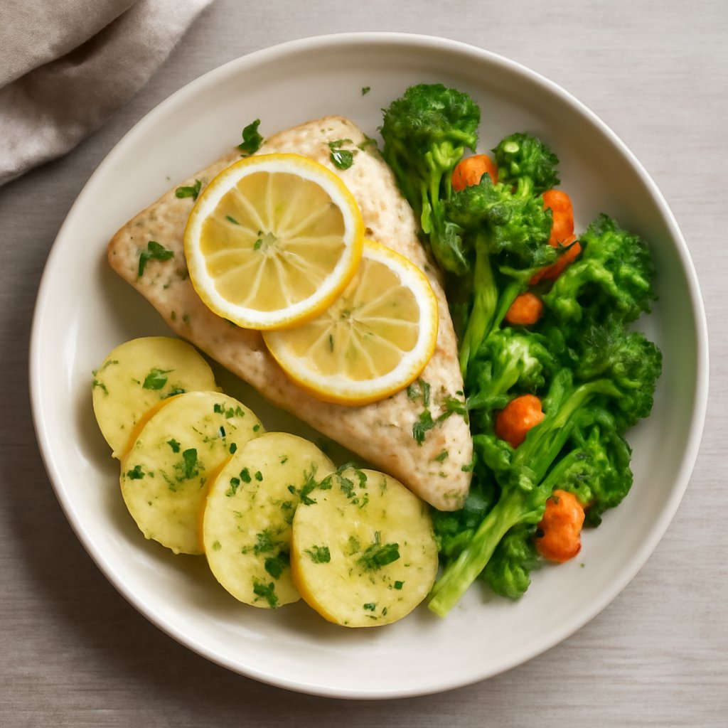 Pesce al limone con patate e verdure al prezzemolo