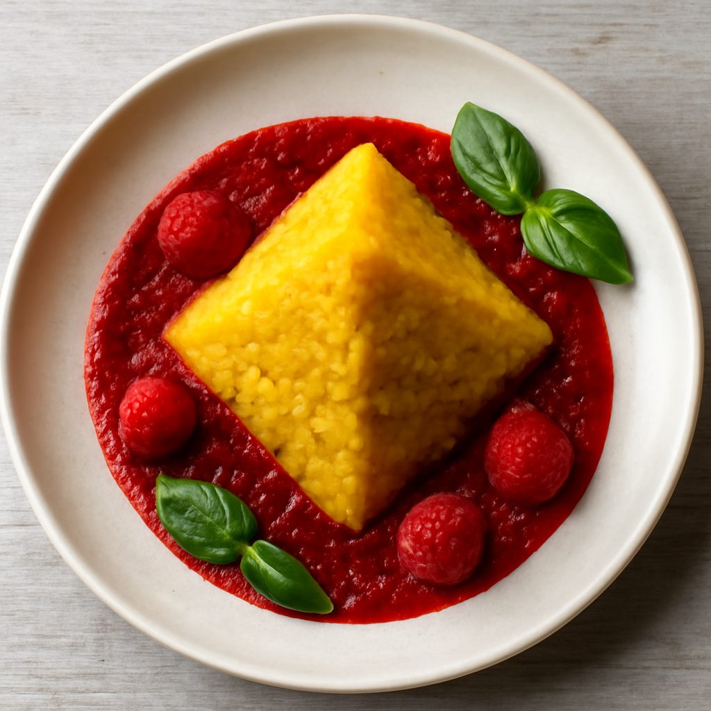 Piramide allo zafferano con coulis ai lamponi e basilico