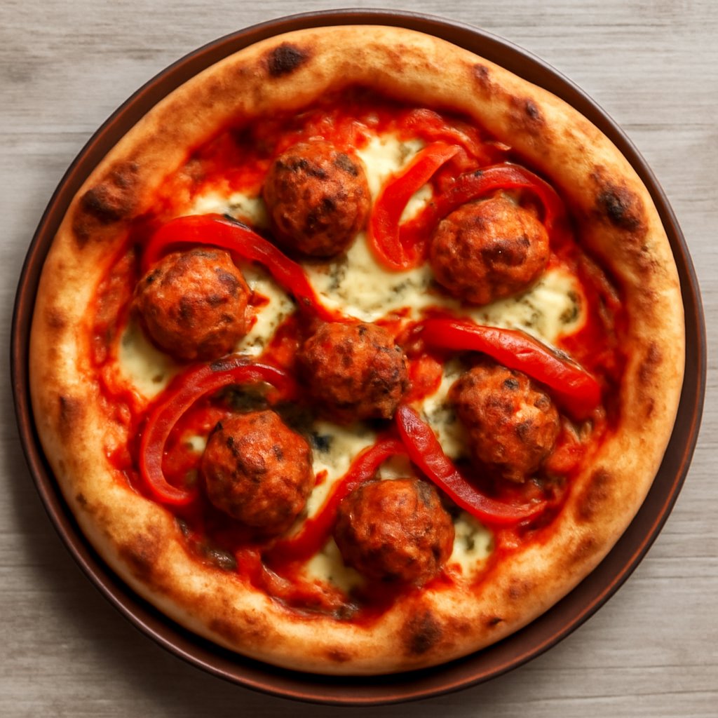Pizza con polpette in salsa piccante, scamorza e peperoni