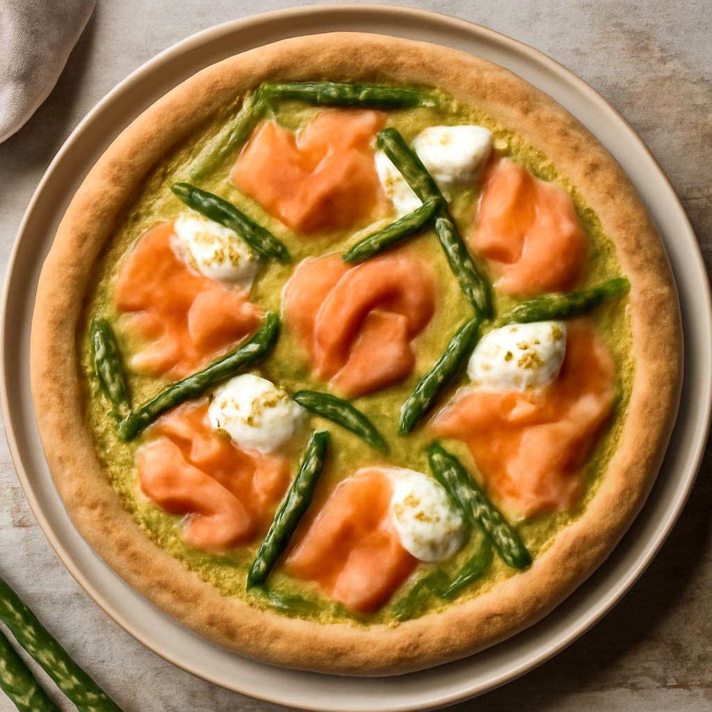 Pizza integrale con crema di asparagi, mascarpone e salmone affumicato