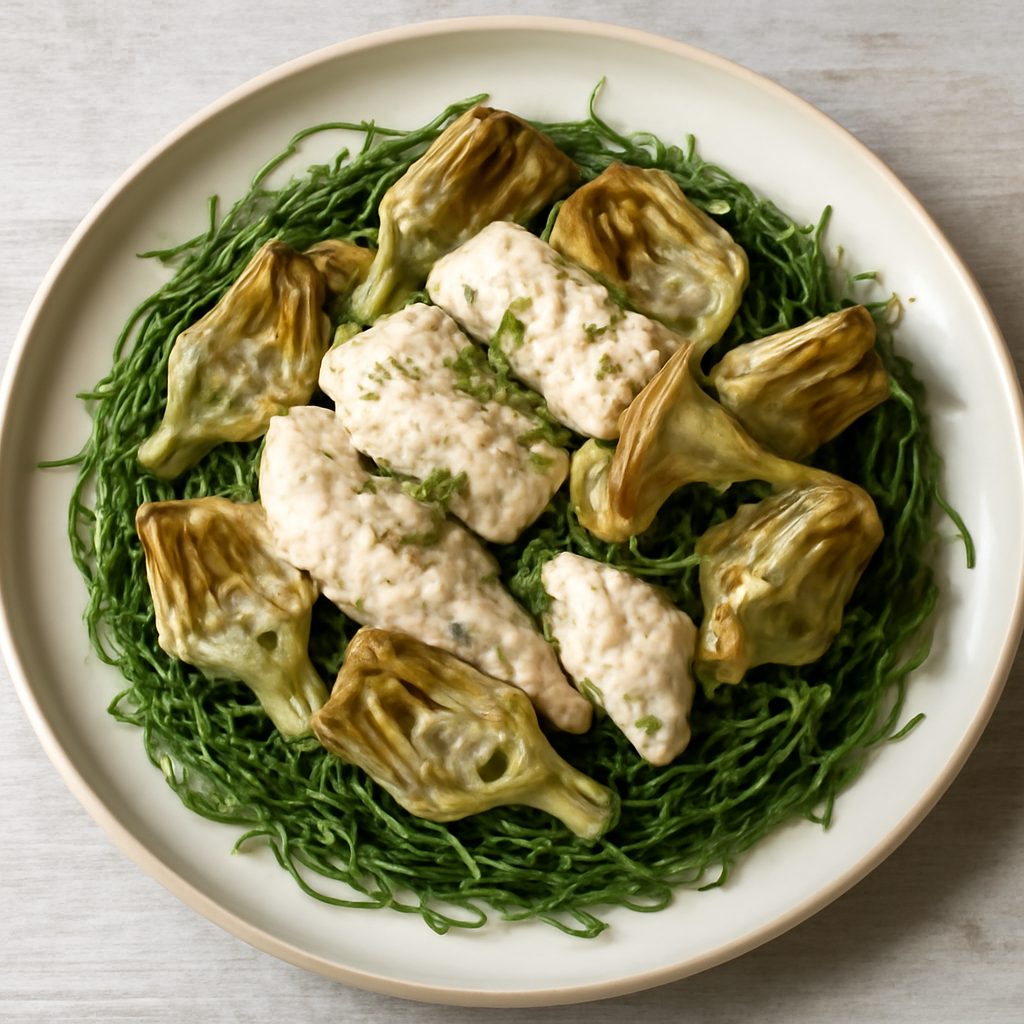 Pollo al vapore con carciofi su letto di agretti