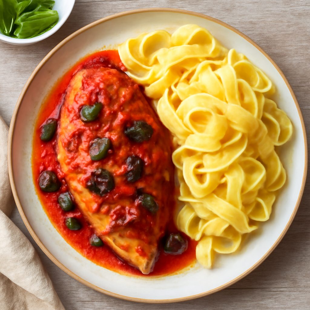 Pollo alla pizzaiola con pasta all'uovo