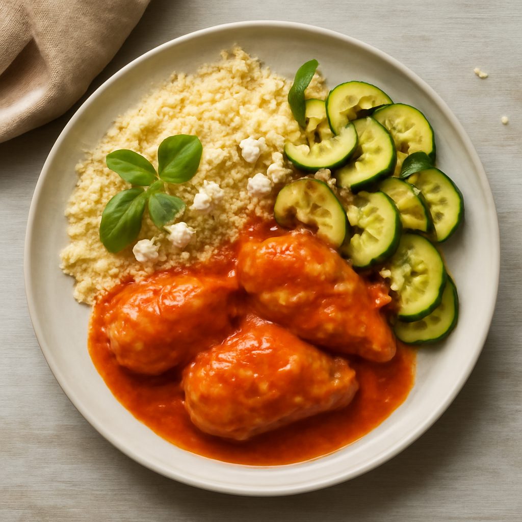 Pollo in salsa di peperoni con cous cous, zucchine e feta