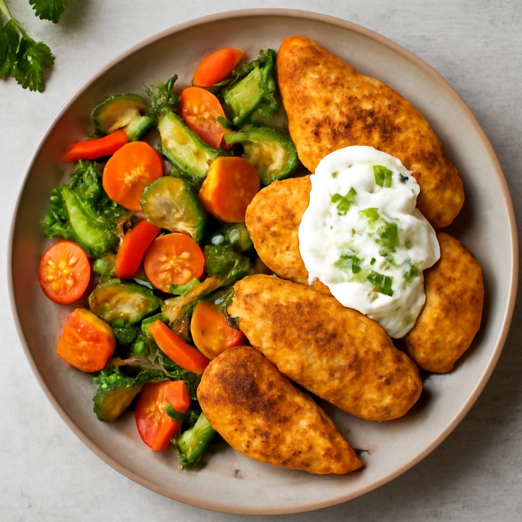 Pollo speziato con salsa yogurt e verdure