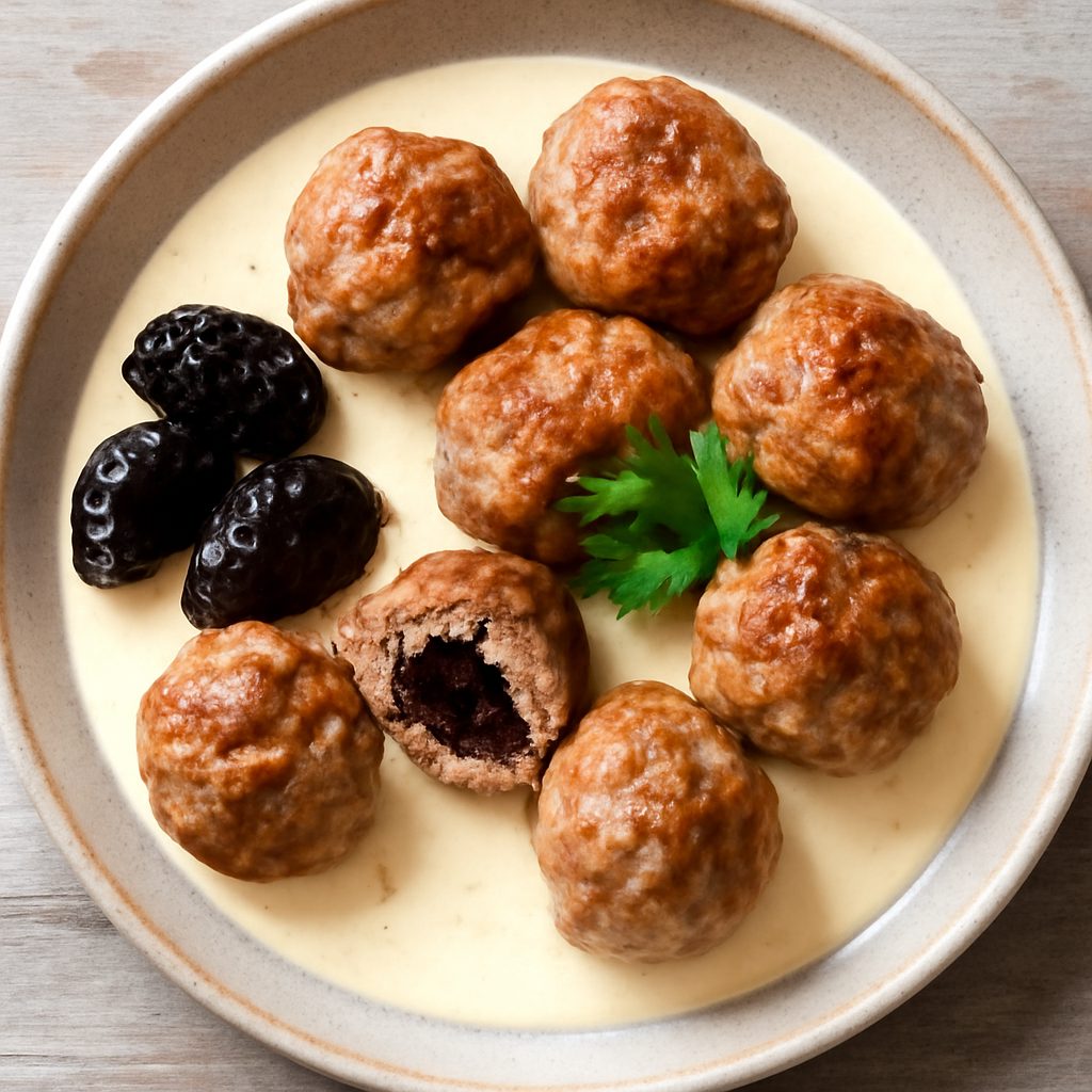 Polpette con prugne e salsa al Parmigiano reggiano