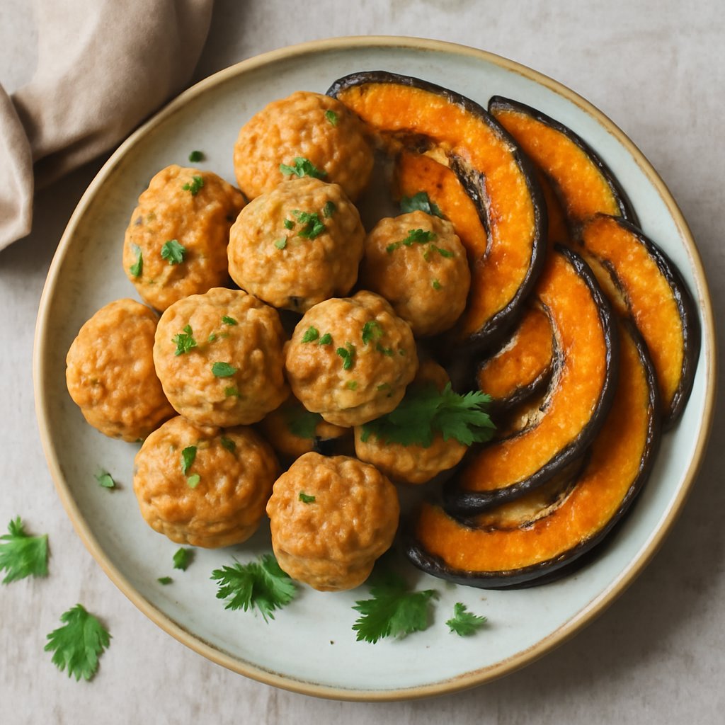 Polpette di ceci e prosciutto con zucca fritta
