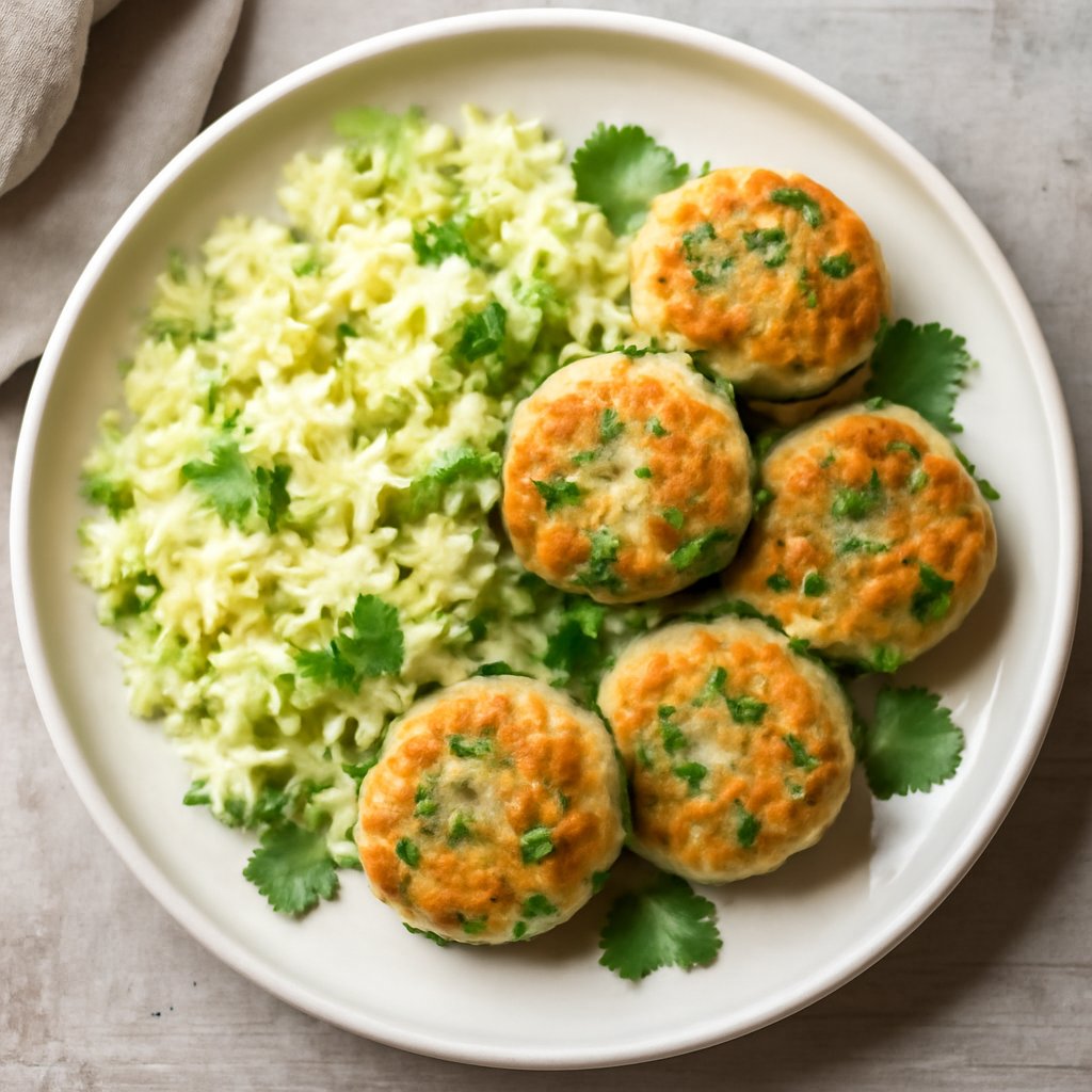 Polpette di merluzzo e coriandolo con riso alla verza