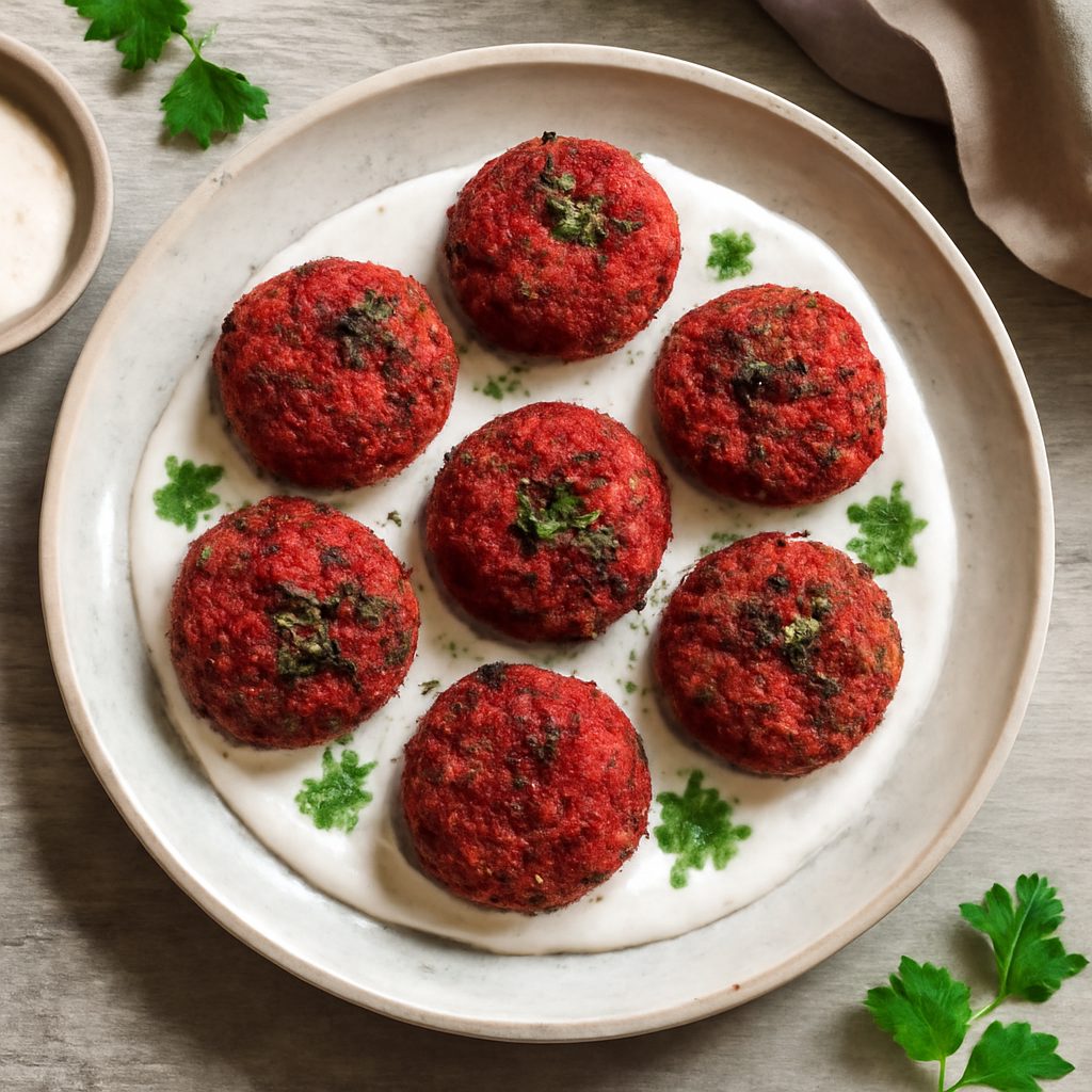 Polpette di patate e barbabietola con salsa allo yogurt