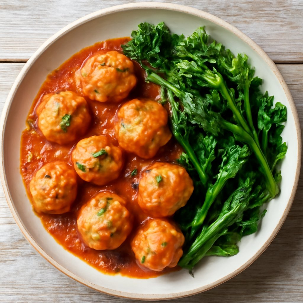 Polpettine di merluzzo in salsa saporita con contorno di cime di rape