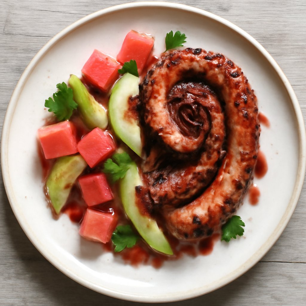 Polpo arrosto con avocado, anguria e aceto al lampone