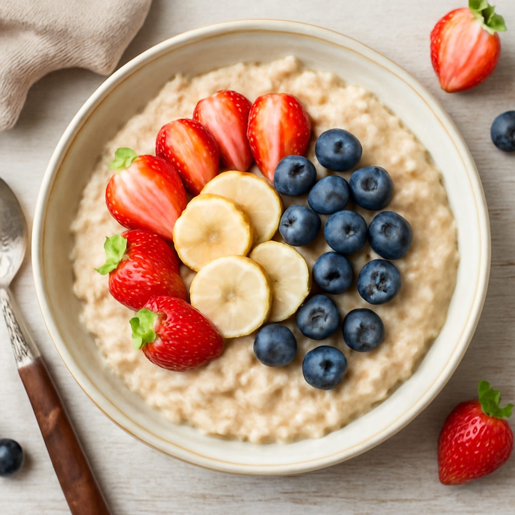 Porridge con bevanda a base di soia e frutta fresca