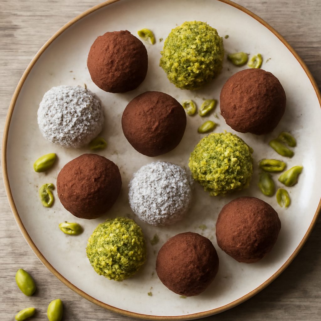 Praline di frutta secca al cioccolato, cocco e pistacchio