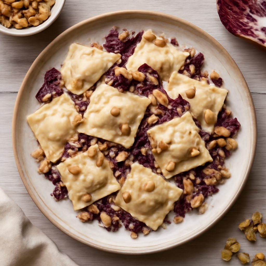 Ravioli al radicchio rosso e noci (vegan)