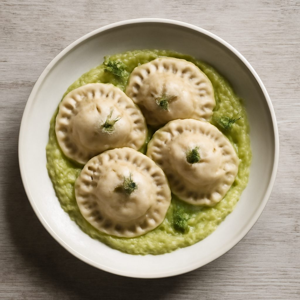 Ravioli di seitan al vapore su crema di verza e patate