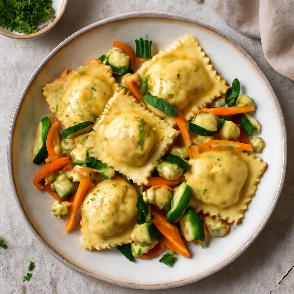 Ravioli ripieni di tofu affumicato e verdure