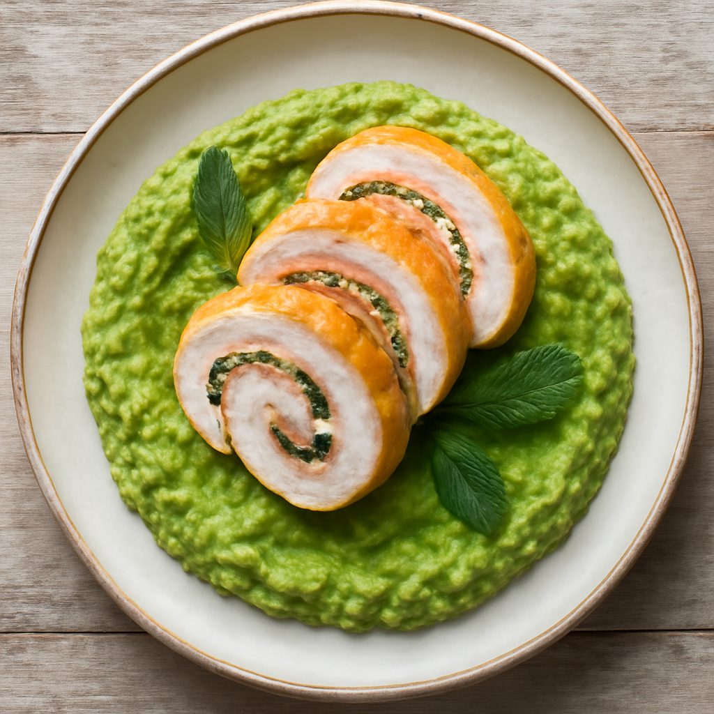 Rollè di tacchino con macco di piselli alla menta