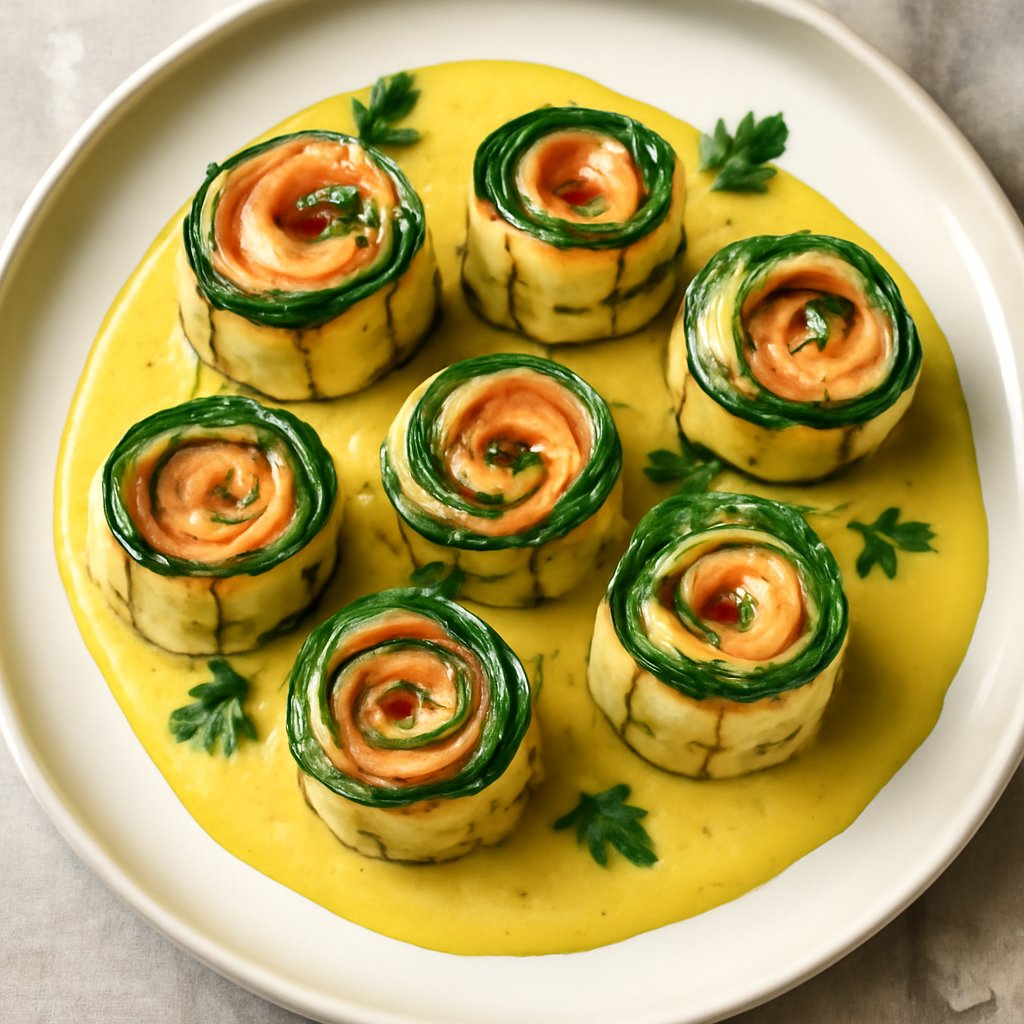 Rotolini di zucchine e salmone con salsa al curry