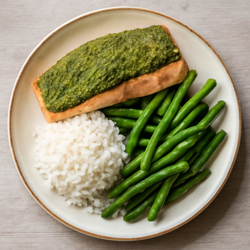 Salmone al pesto con fagiolini e riso al vapore