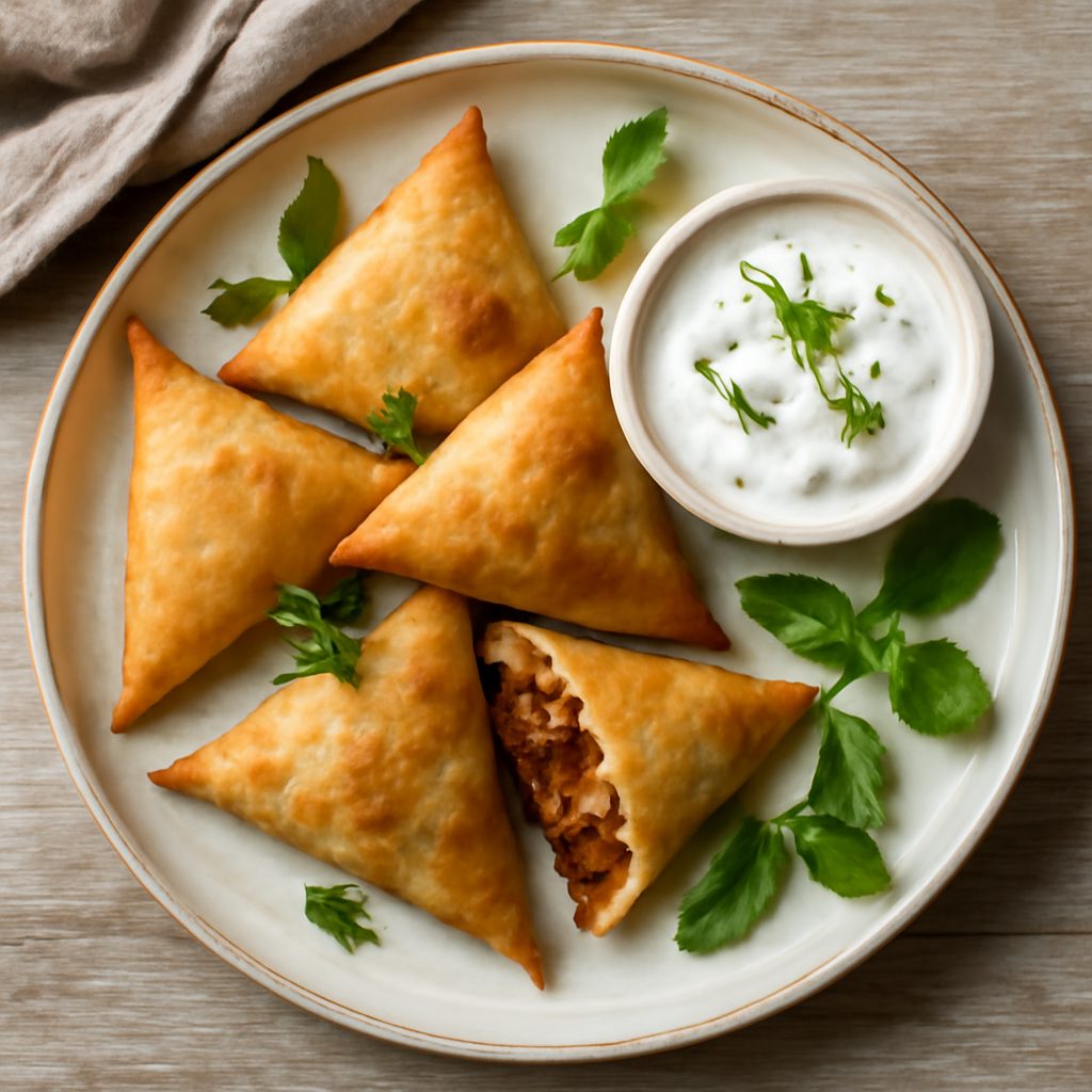 Samosas di melanzane e lenticchie con salsa allo yogurt e menta