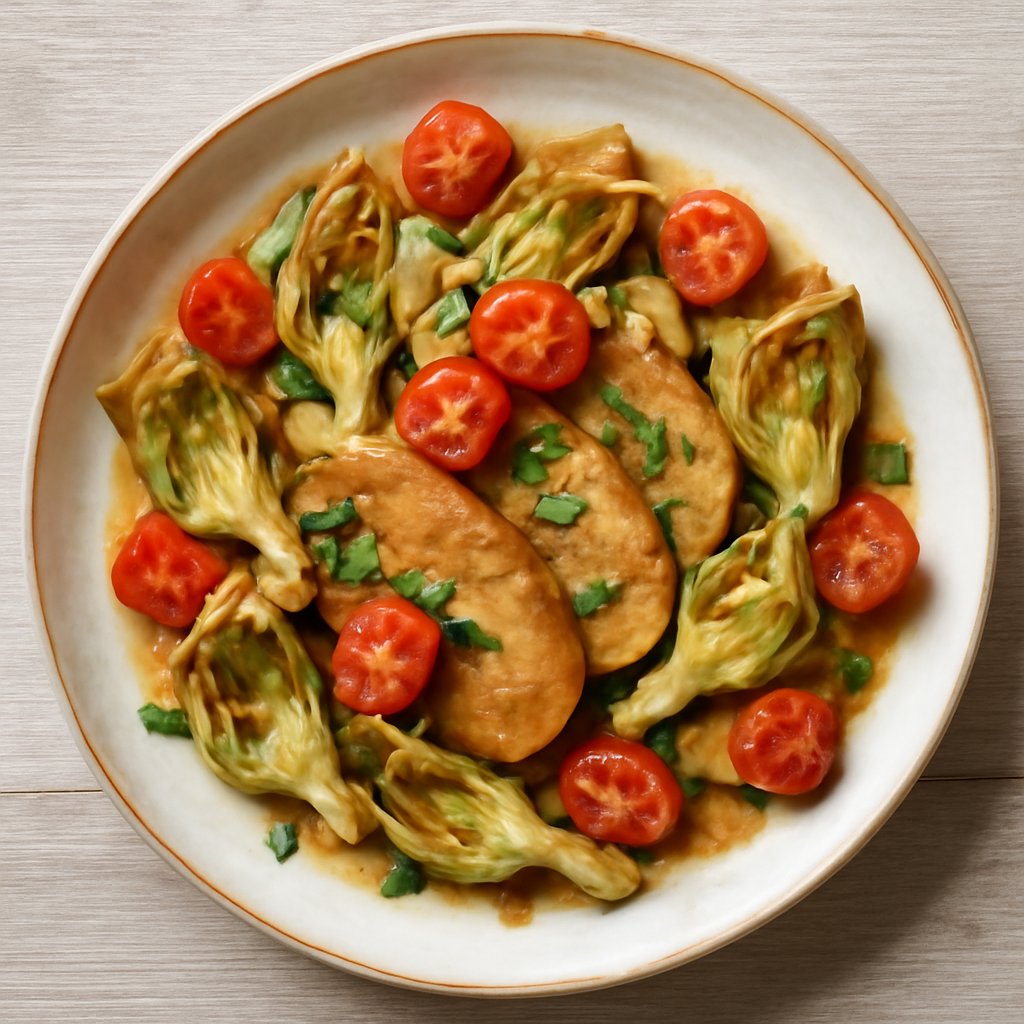 Scaloppine di seitan con carciofi, porri e pomodorini