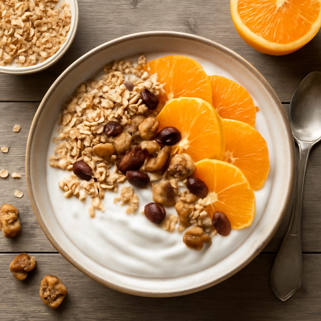 Skyr bowl, arance e frutta secca all'avena