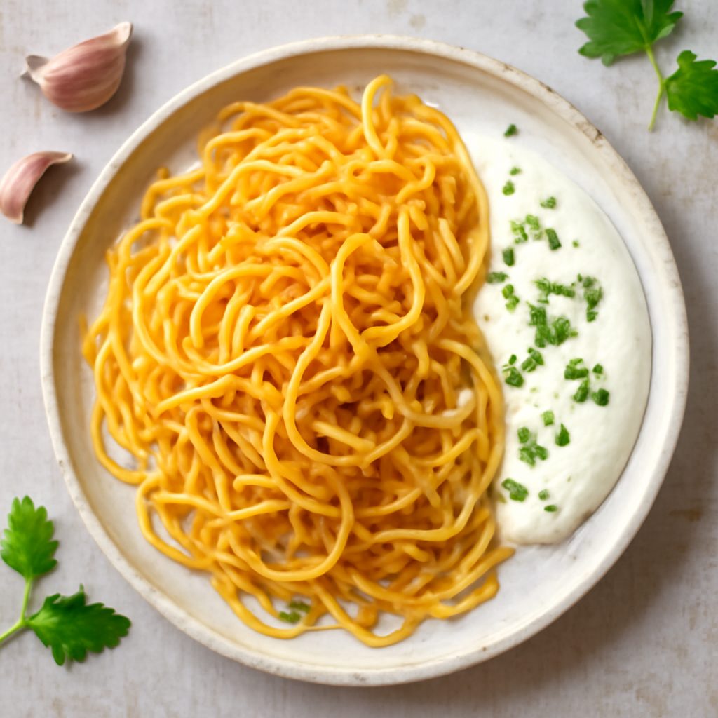 Spaghetti di patatine fritte con salsa all'aglio