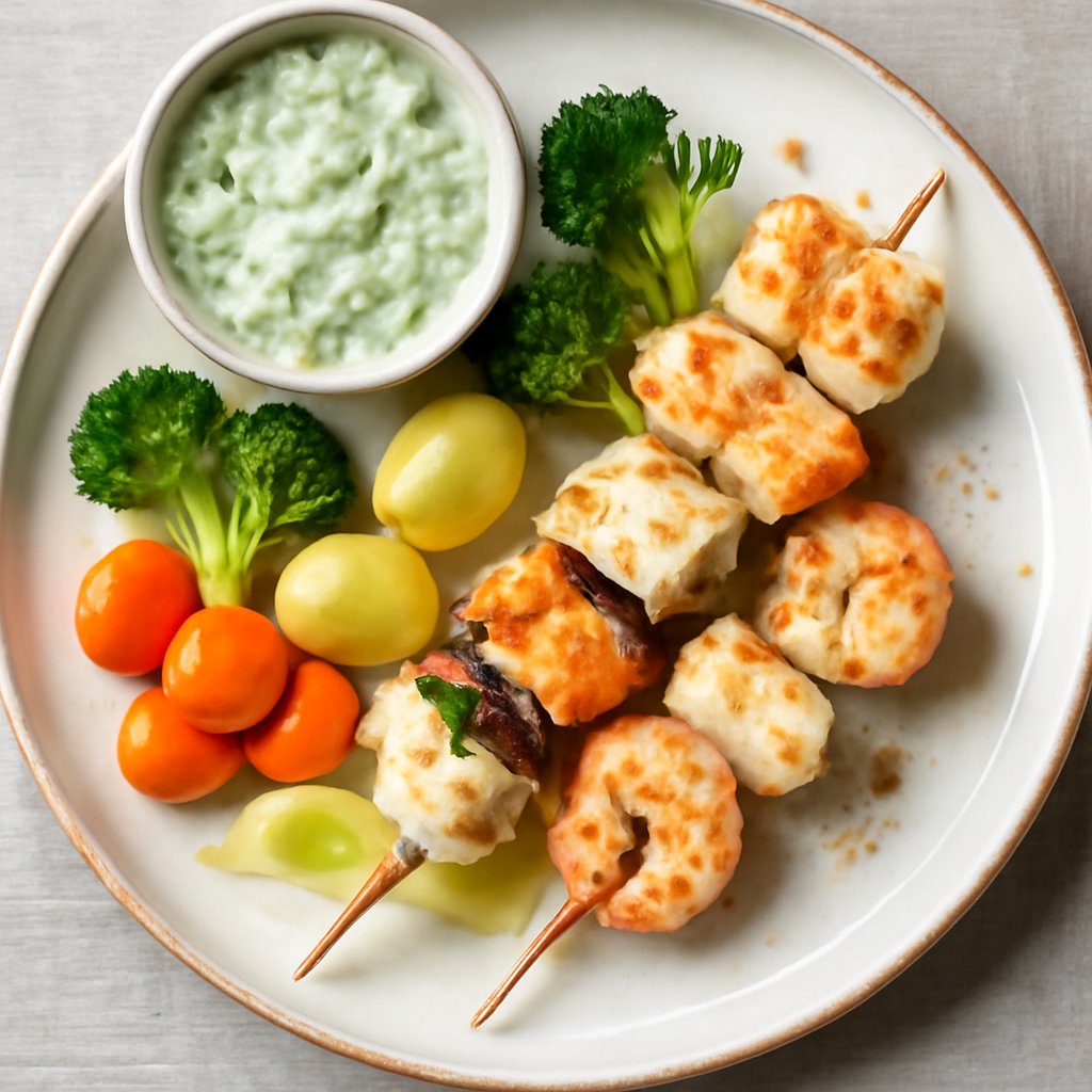 Spiedini di pesce con verdure al vapore e salsa ai cetrioli