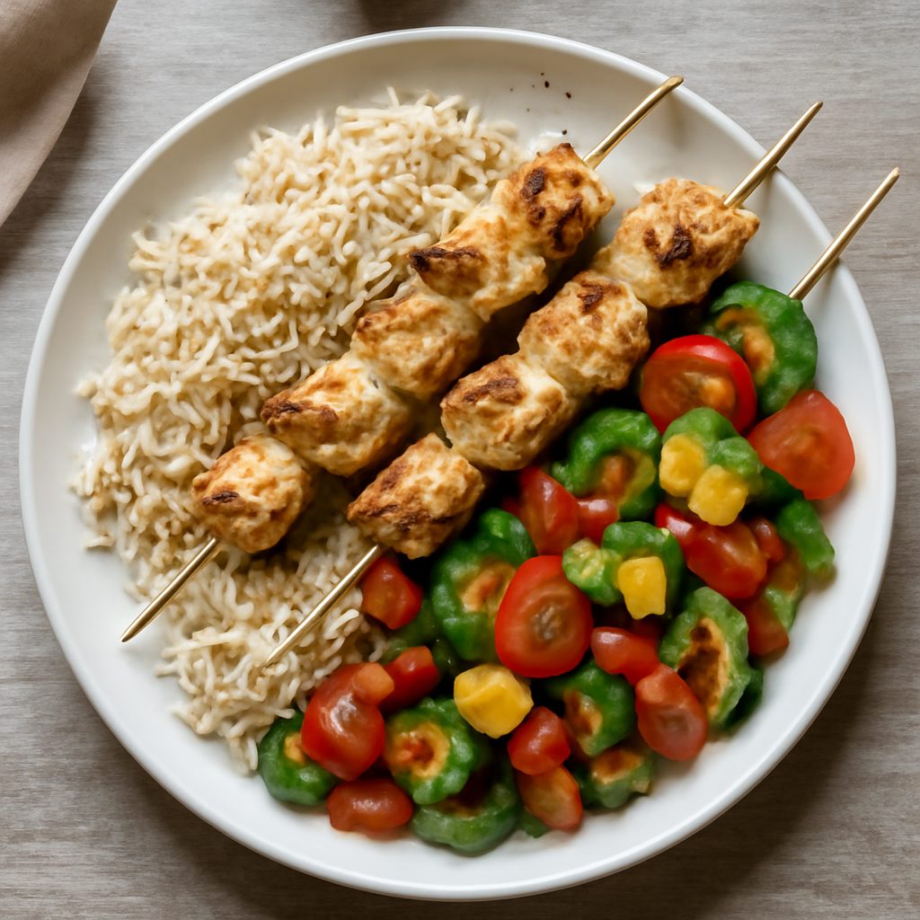 Spiedini di pollo con riso al cumino e insalata tiepida di verdure