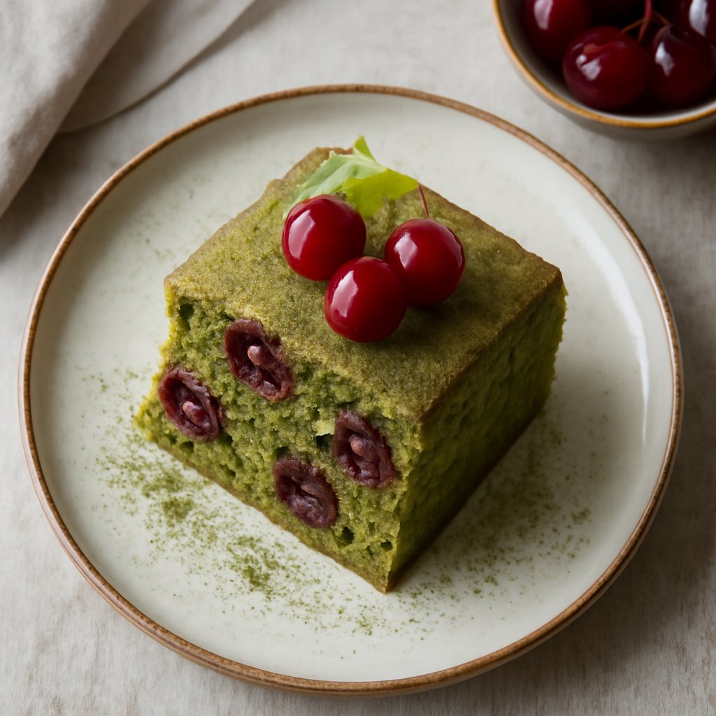 Sponge cake al tè matcha e ciliegie