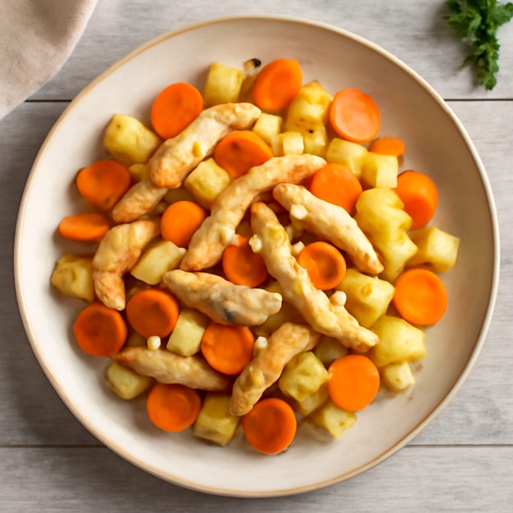 Straccetti di pollo con patate e carote