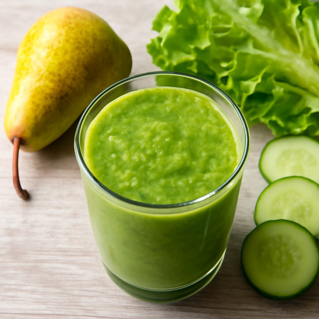 Succo alla pera, cetrioli e insalata verde