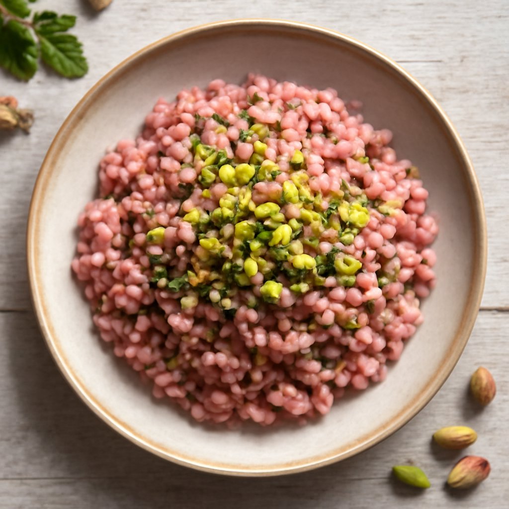 Tabulè d'orzo rosa al pistacchio
