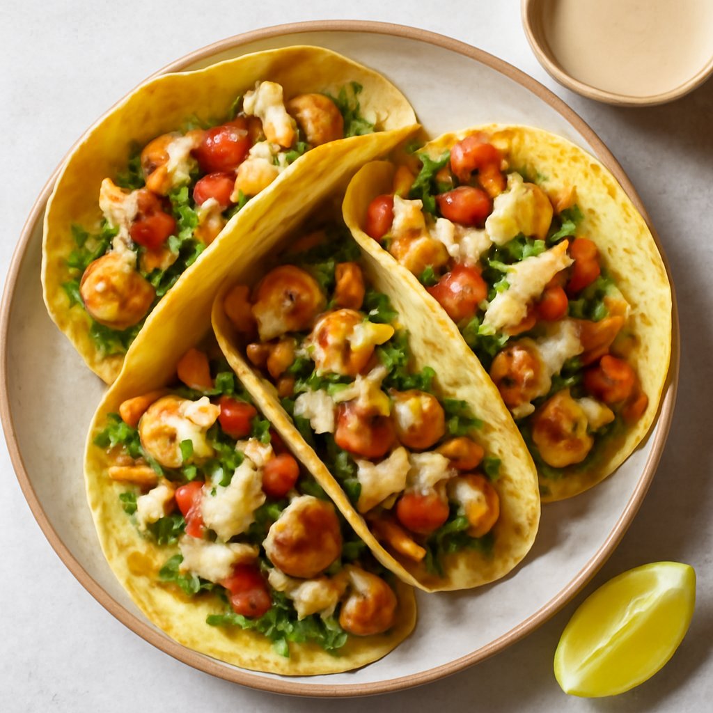Tacos: pollo e gamberi, vegan; salsa tahini (robot da cucina Friend)
