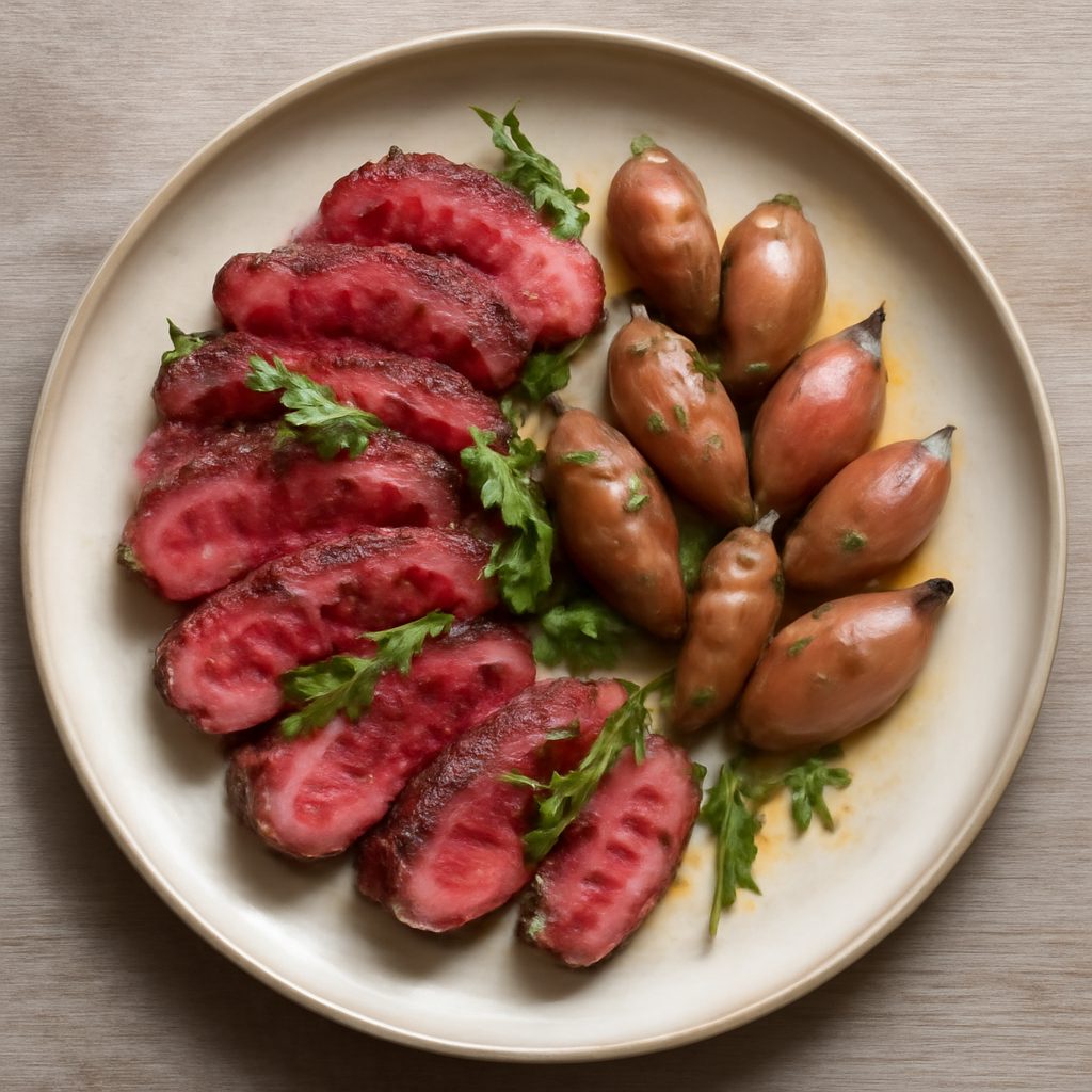 Tagliata di manzo sottovuoto con scalogni confit