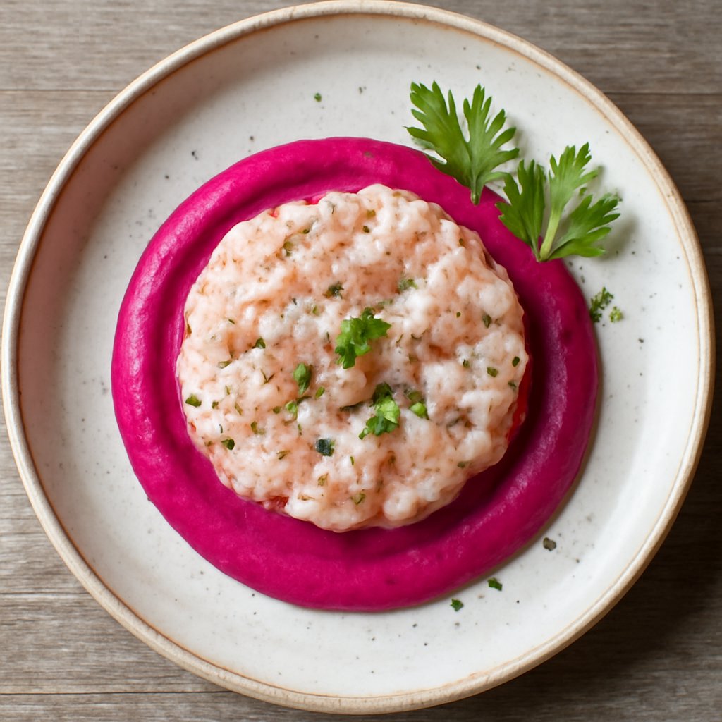 Tartare di gamberi su maionese alla rapa rossa