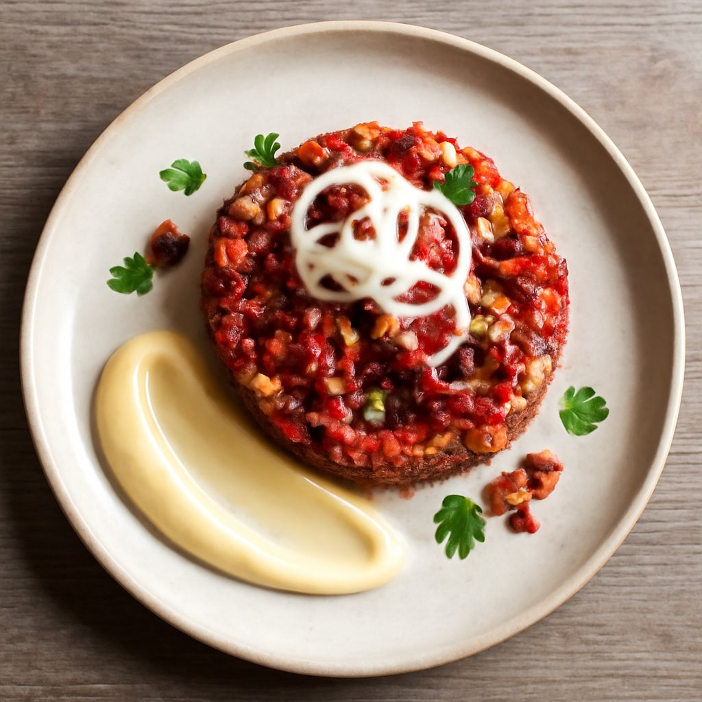 Tartare di manzo, cipolla e pomodori secchi con salsa aïoli